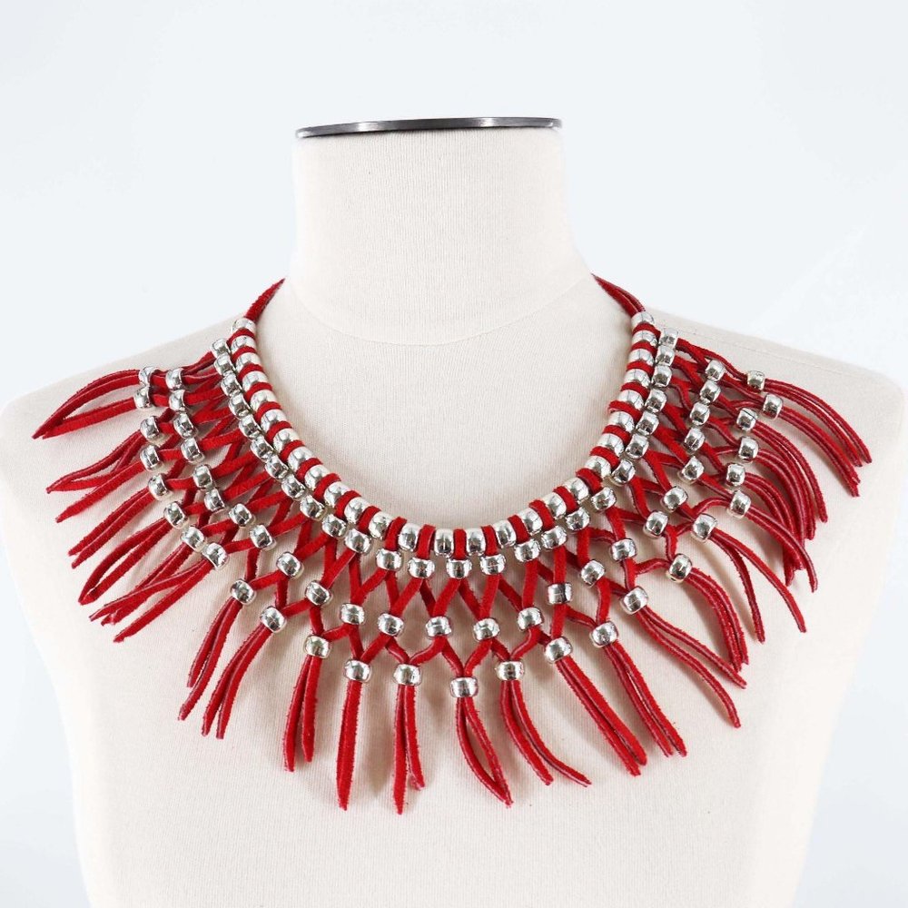 Handcrafted Womens Red Leather Silver Tone Beaded